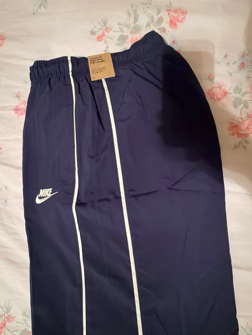 Nike Navy Blue Women's Track Pants with White Stripe